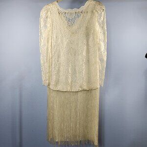 Vintage New Leaf by SAMIR Flapper Style Midi Lace Dress Silk Fringe Wedding